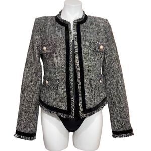 LUXY USA Black Tweed Collarless Fringe Trim Blazer New Size Medium